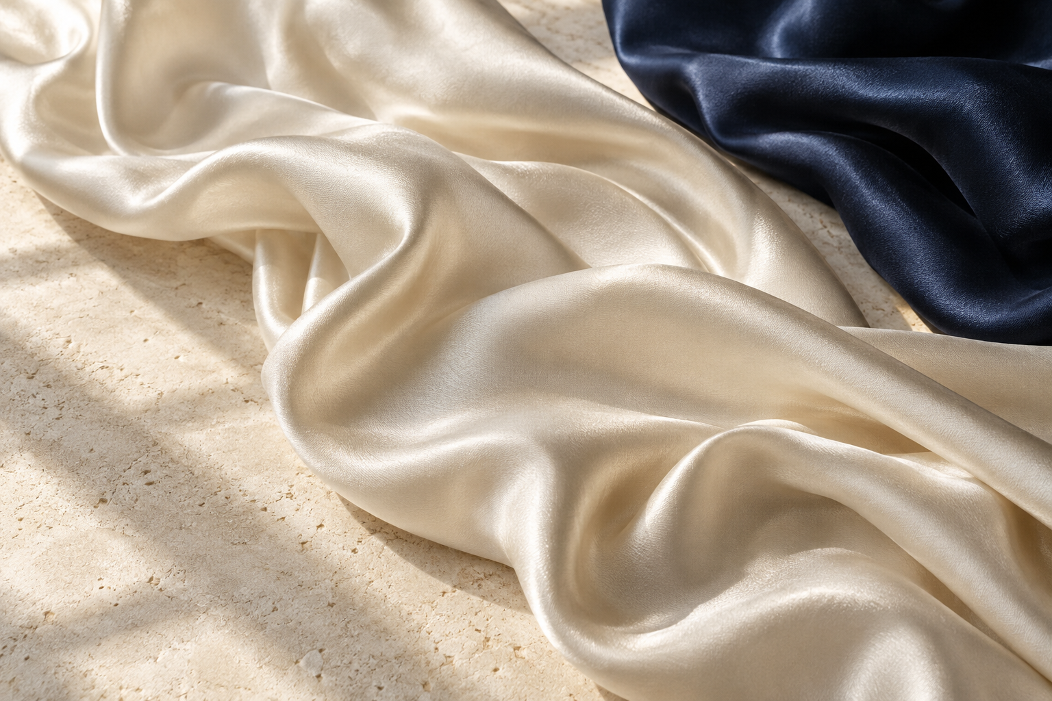 Editorial concept of champagne and navy silk in flowing folds